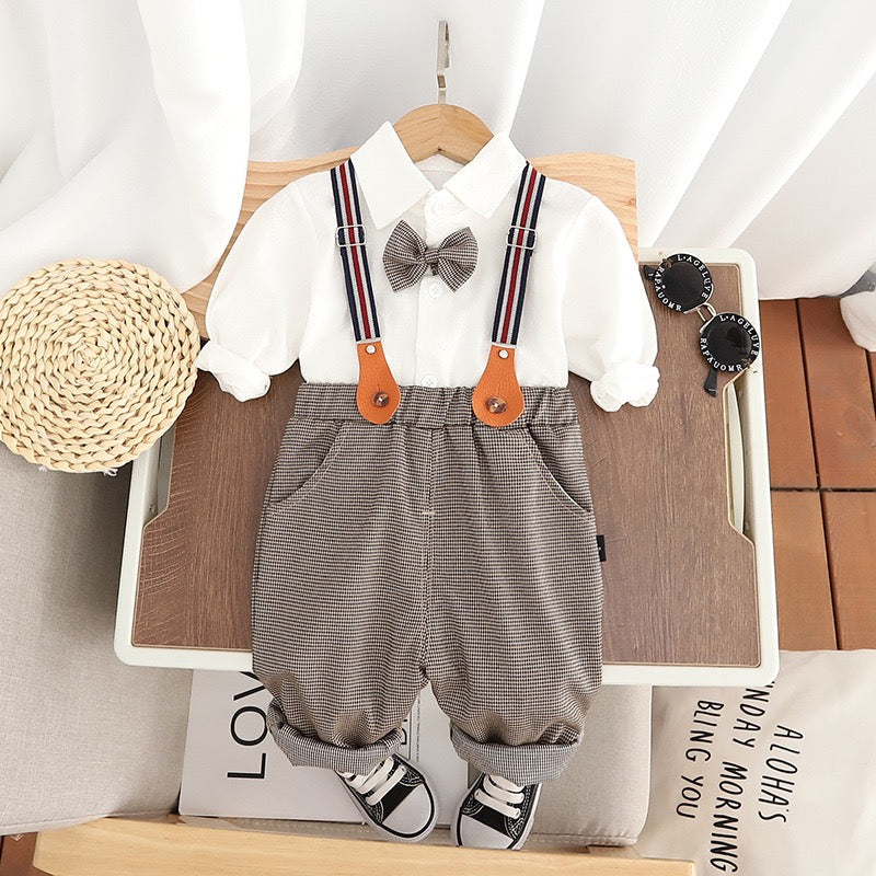 Toddler Boy White Shirt & Suspender Pants Set