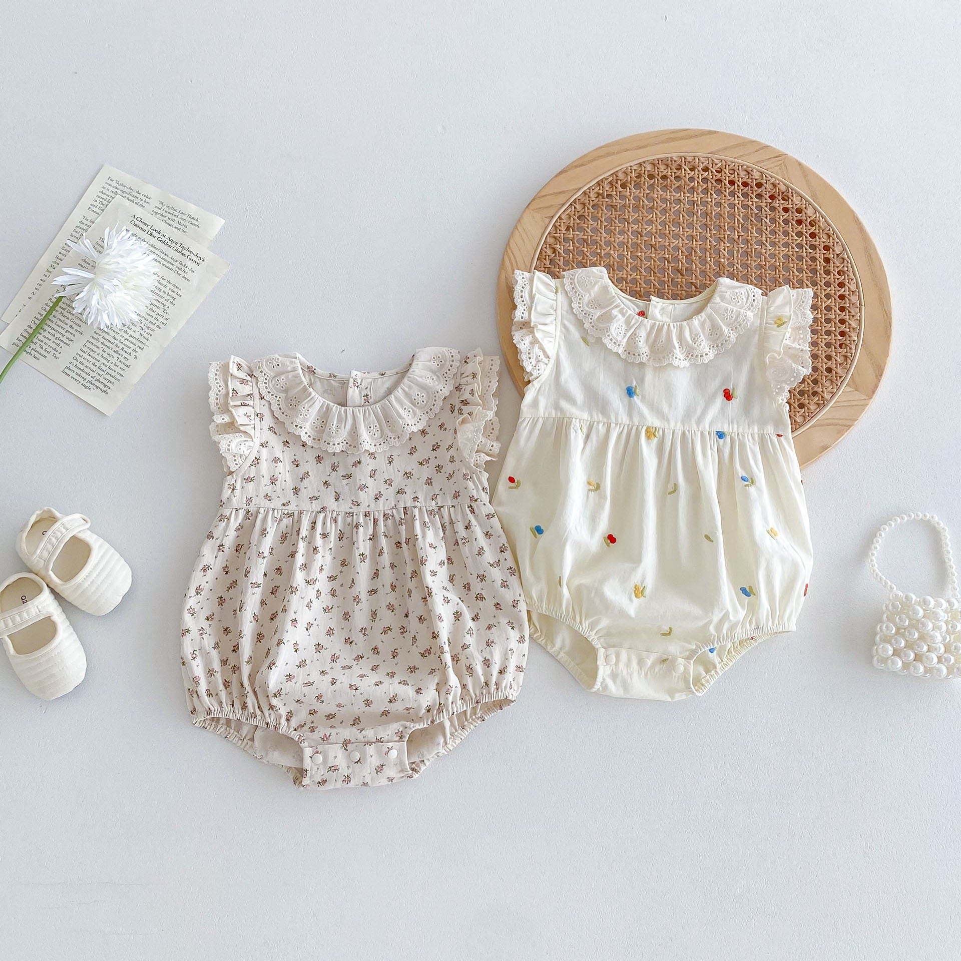 Baby Bodysuit with Lace and Flowers