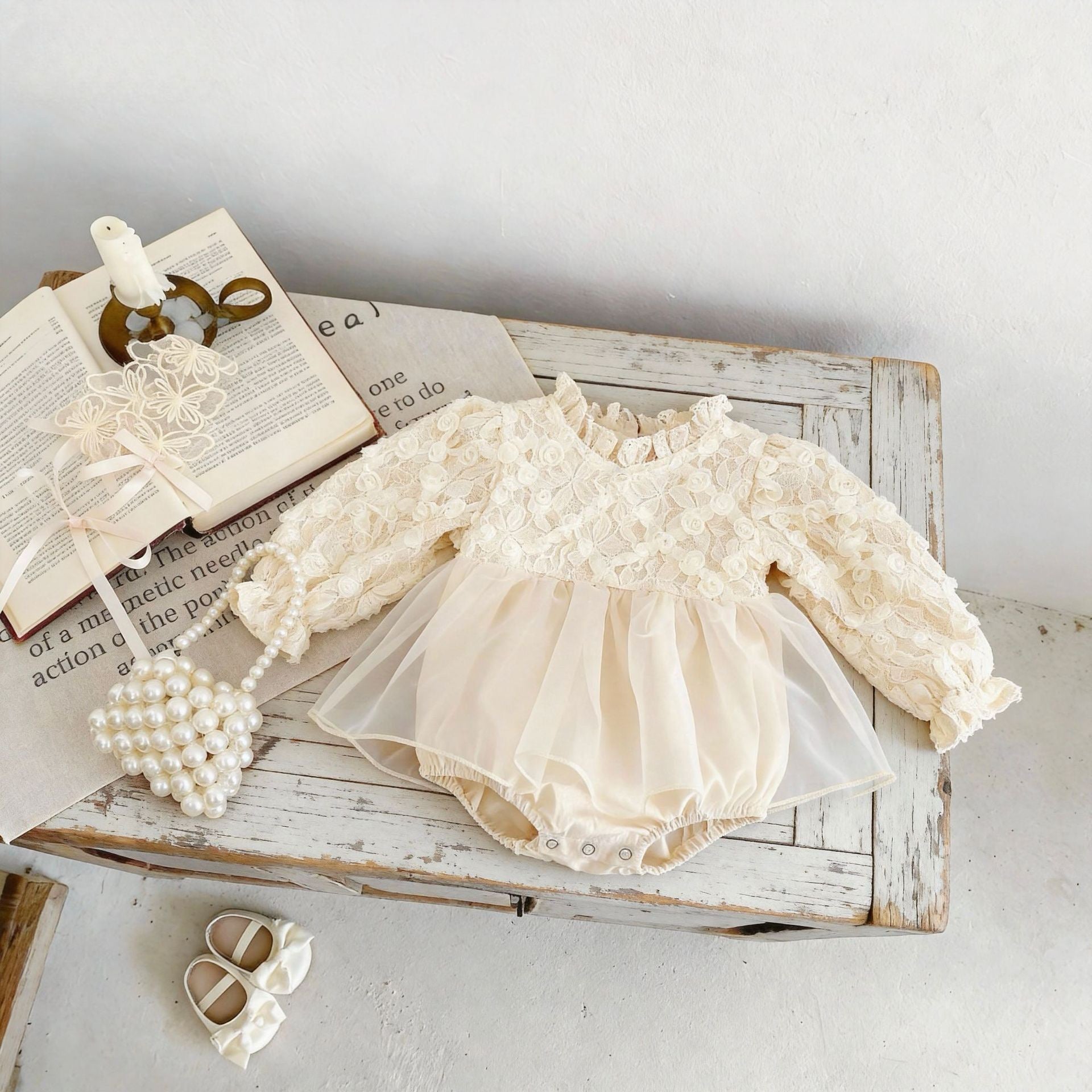 Long Sleeved Waffle Cotton Lace Splicing Baby Bodysuits Dress