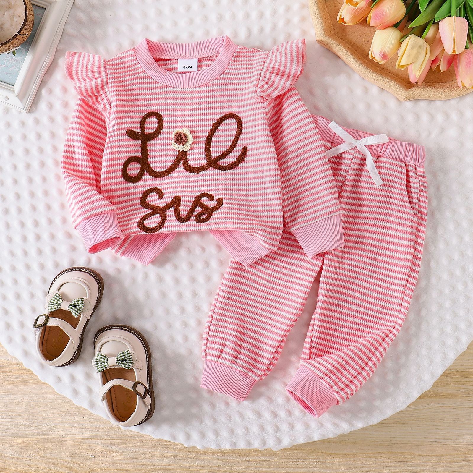Toddler Girl Valentine Striped Heart Embroidered Set