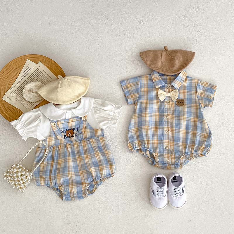 Baby Bodysuit with Teddy Bear Checkered Print