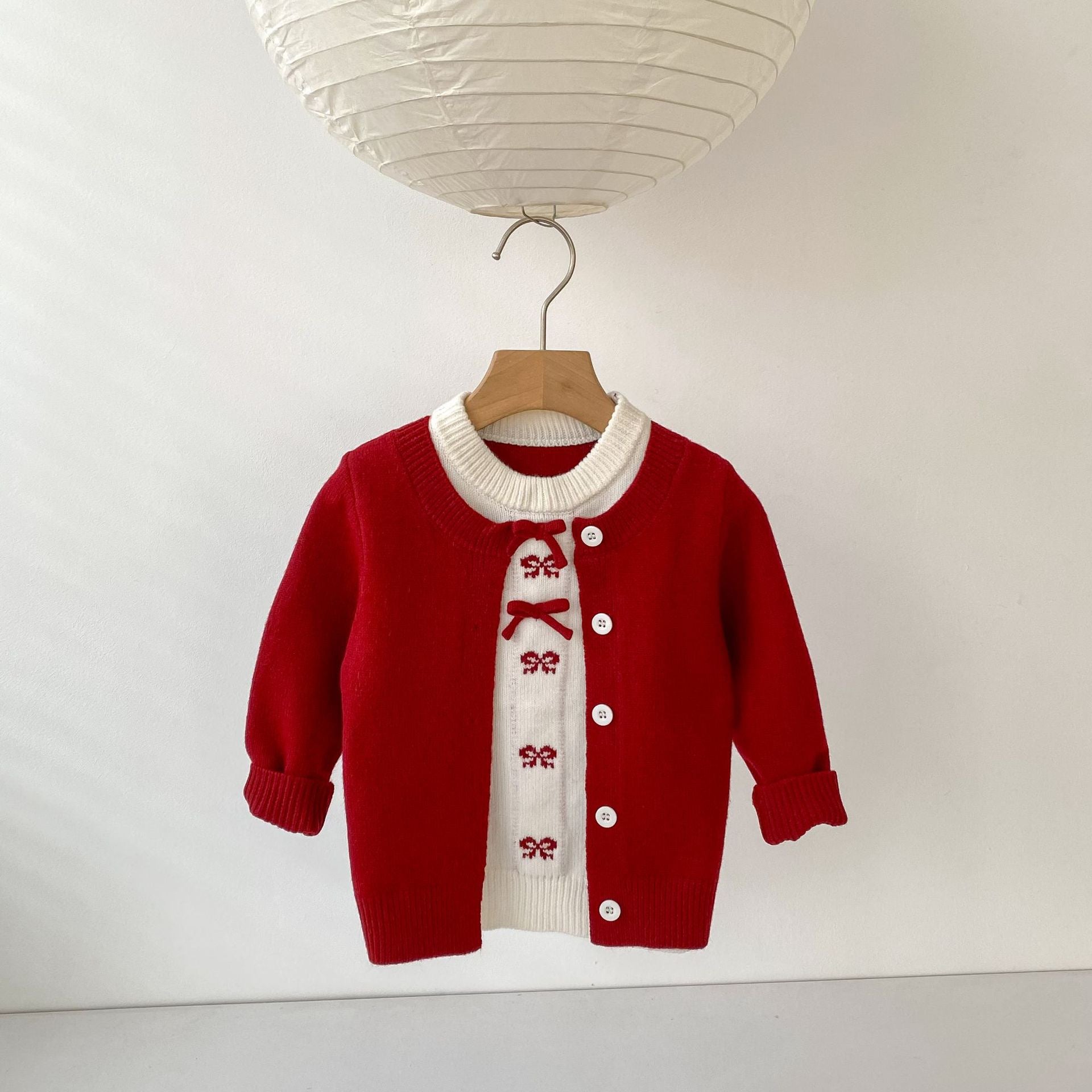 Baby Girl Red Bow Fake Two-Piece Knitted Cardigan