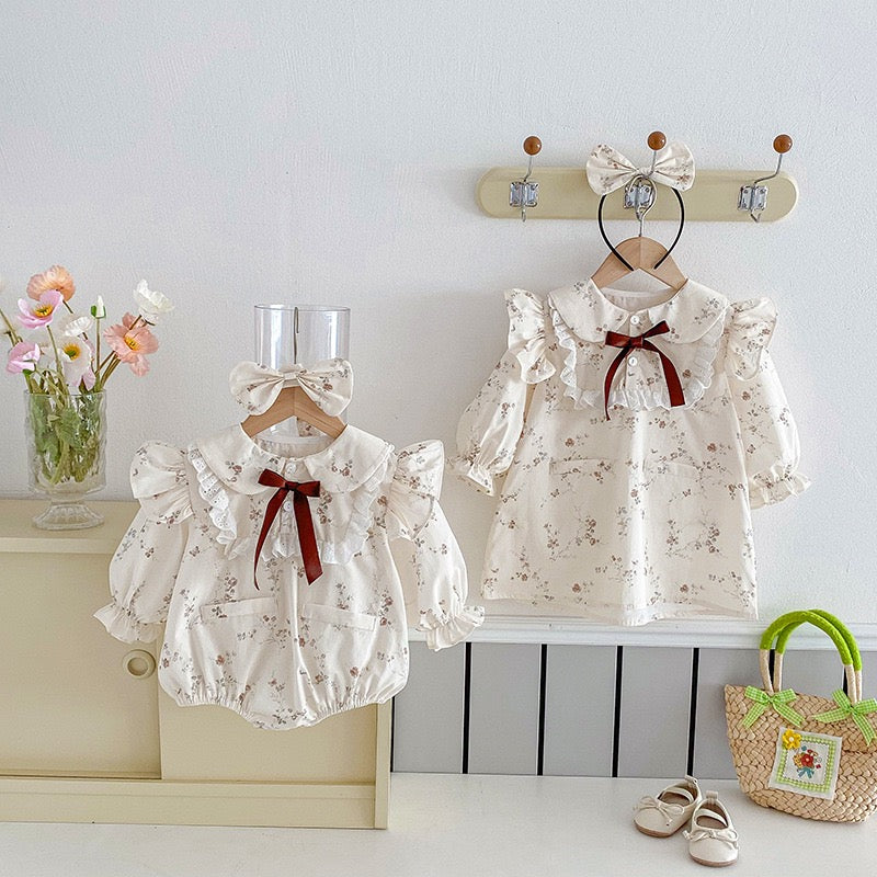Ruffle Lace Bodysuit Bow Long Sleeve Floral Dress