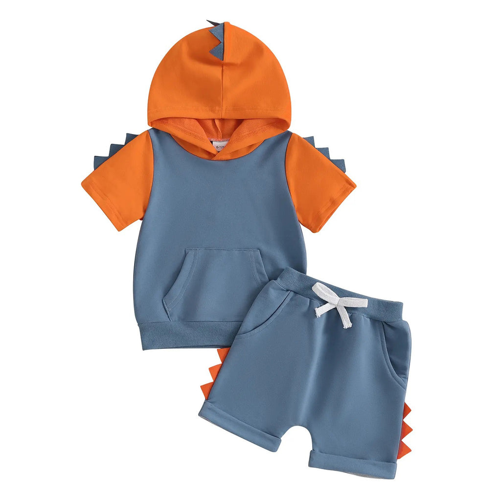 Completo T-shirt con cappuccio e pantaloncini dinosauro per neonato