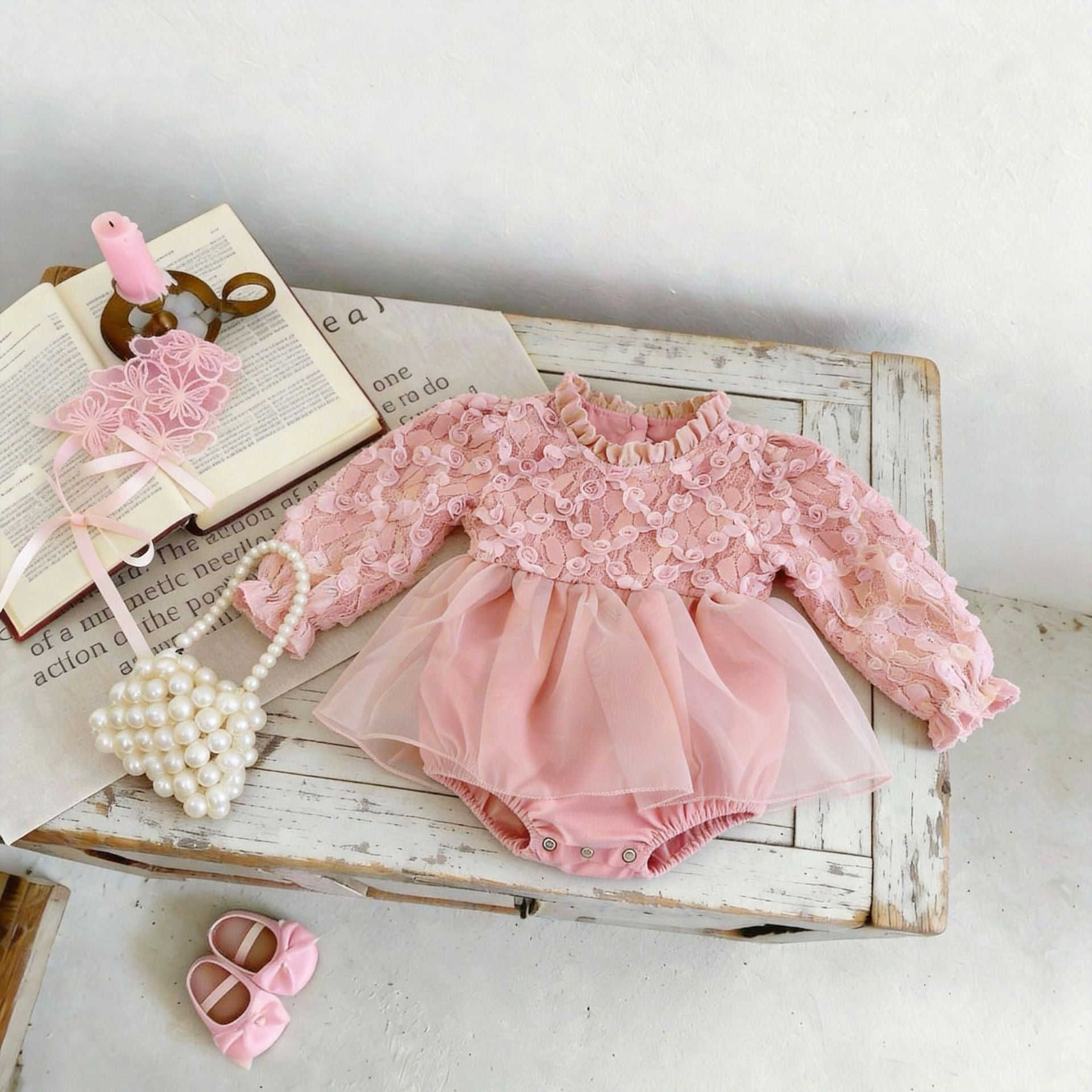 Long Sleeved Waffle Cotton Lace Splicing Baby Bodysuits Dress