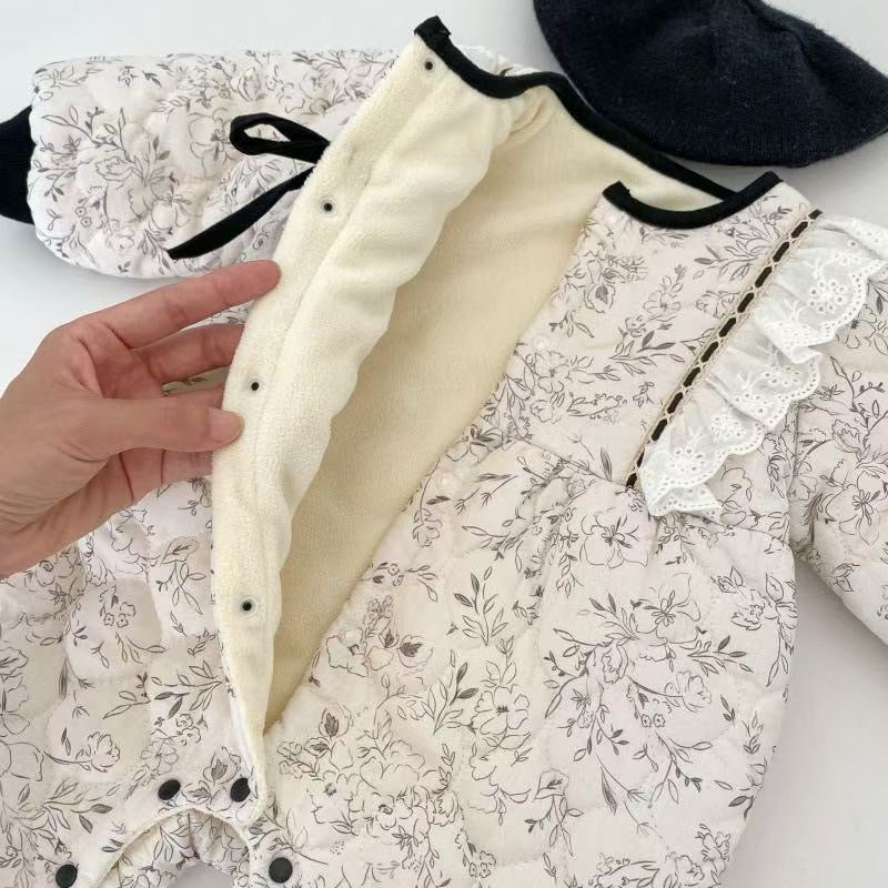 Winter Baby Warm Velvet Romper Flower Bow Jumpsuit