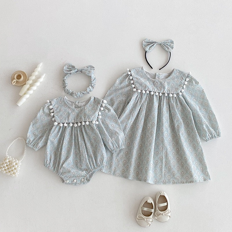 Long Sleeved Kids Clothes Autumn Triangle Sisters Dress