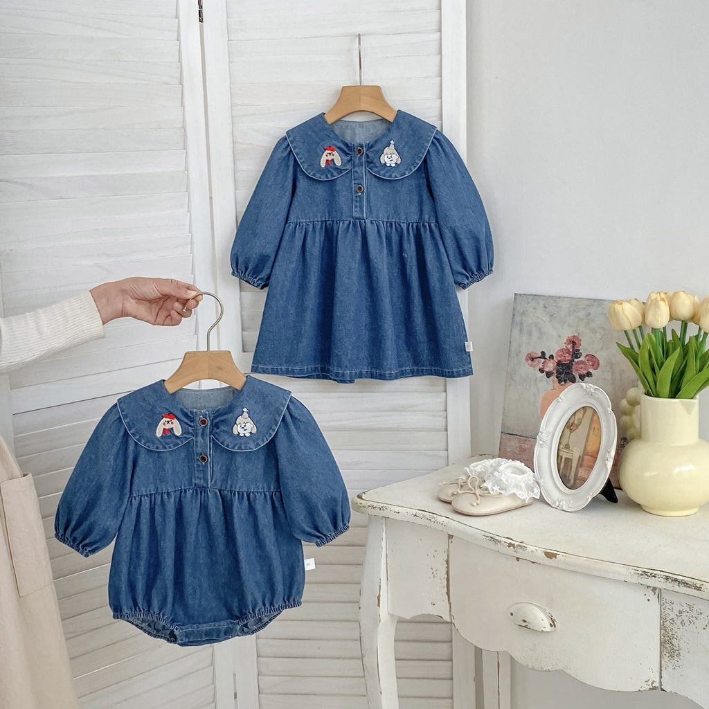Baby Girl Cartoon Embroidery Denim Dress