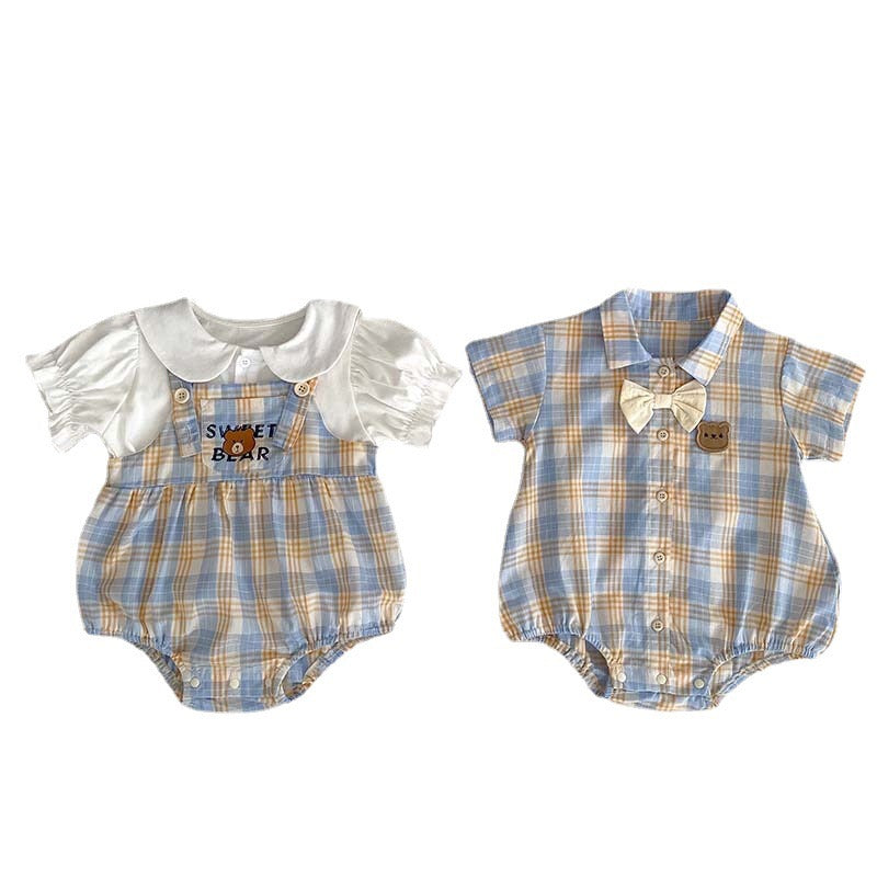 Baby Bodysuit with Teddy Bear Checkered Print