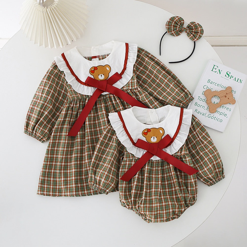 Family Matching Outfits Baby Girl Long Sleeves Bodysuit+Bear Plaid Patchwork Dress
