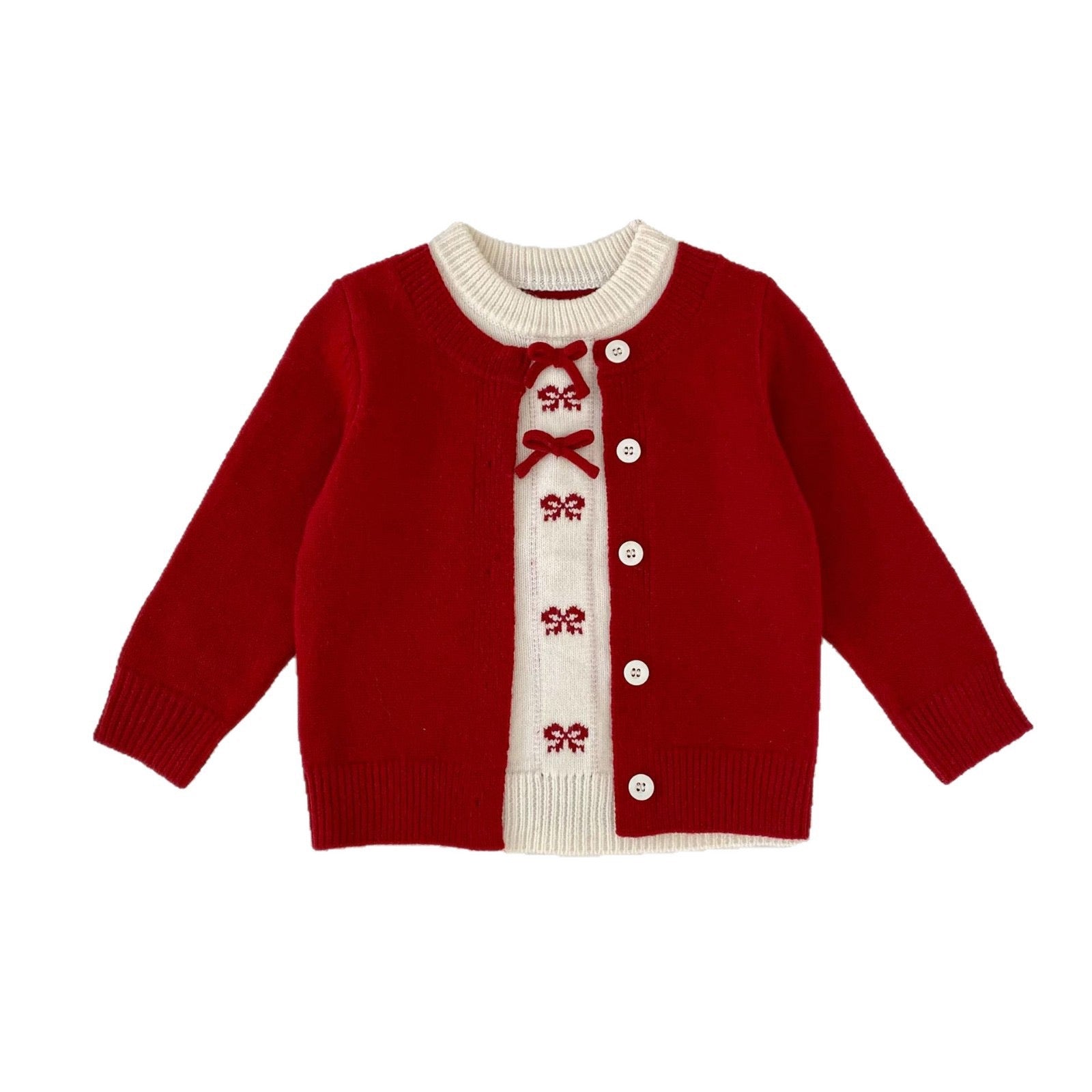 Baby Girl Red Bow Fake Two-Piece Knitted Cardigan