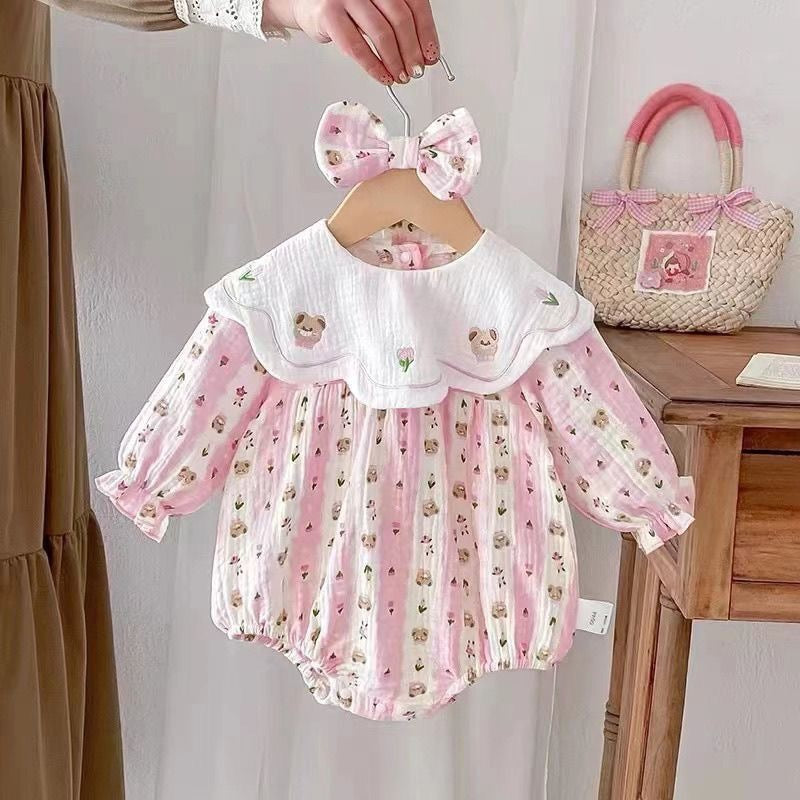 Baby Girl Bear Embroidery Ruffle Romper