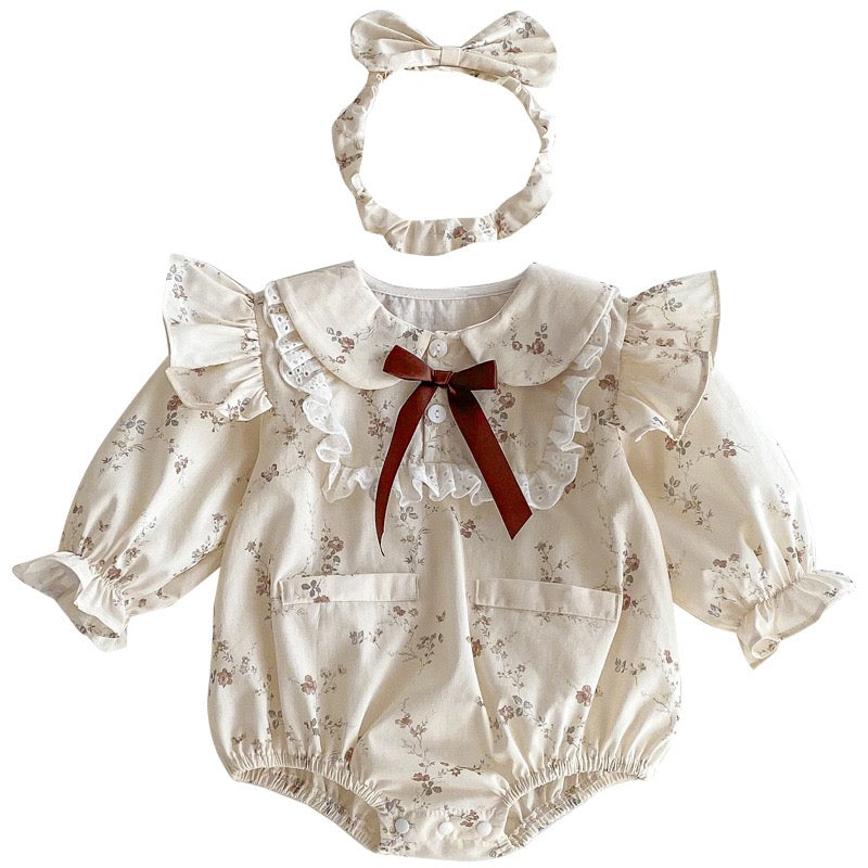 Ruffle Lace Bodysuit Bow Long Sleeve Floral Dress