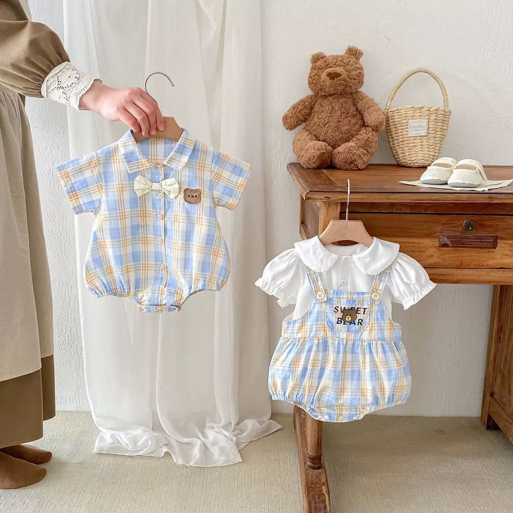 Baby Bodysuit with Teddy Bear Checkered Print