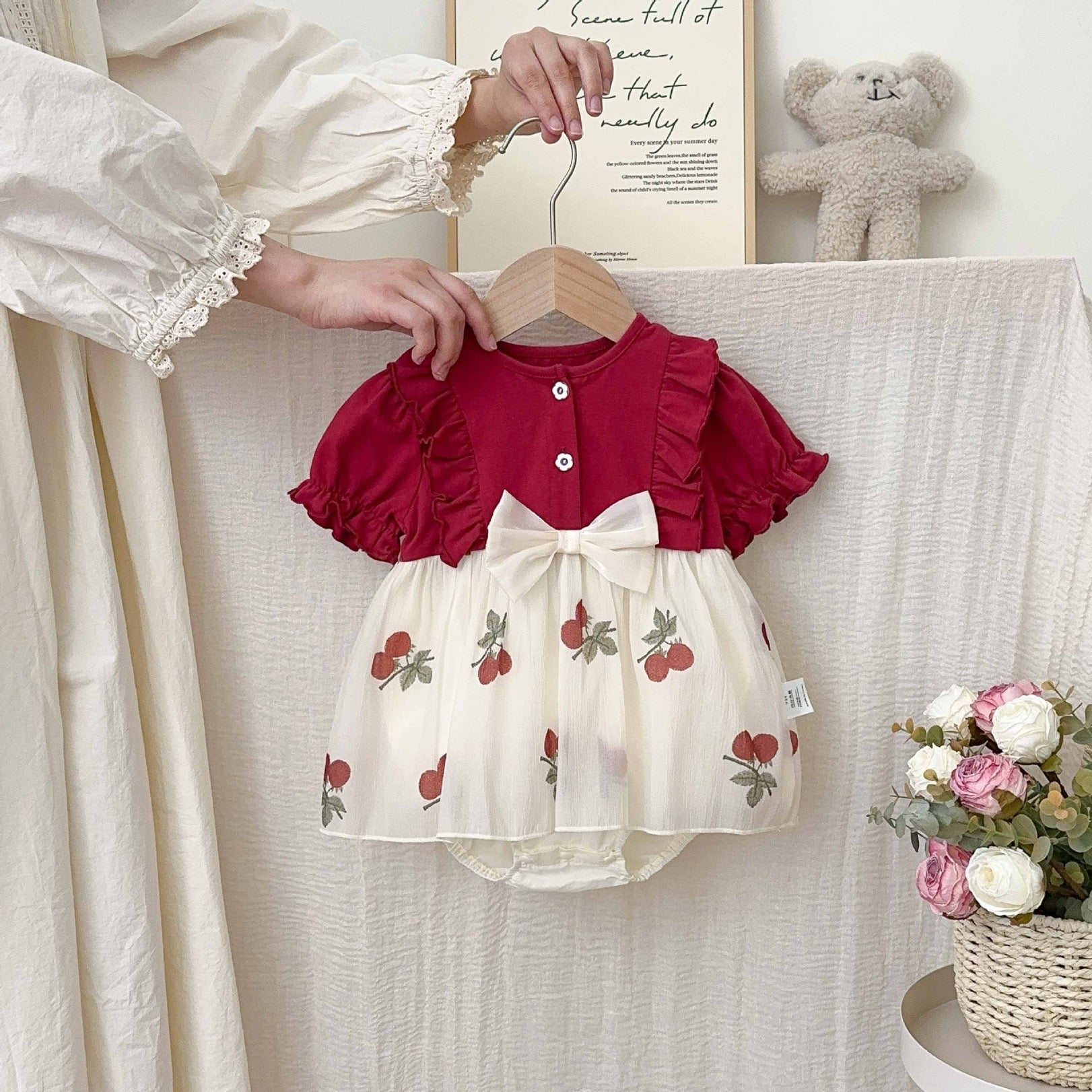 Vestidos de Bebé Cereza Trajes Manga Volante Ropa Recién Nacida