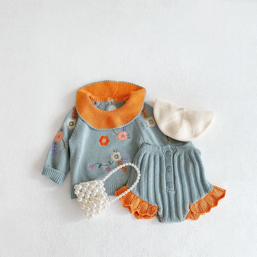 Toddler Baby Girls Embroidered Ruffle Collar Knitted Top & PP Shorts Set