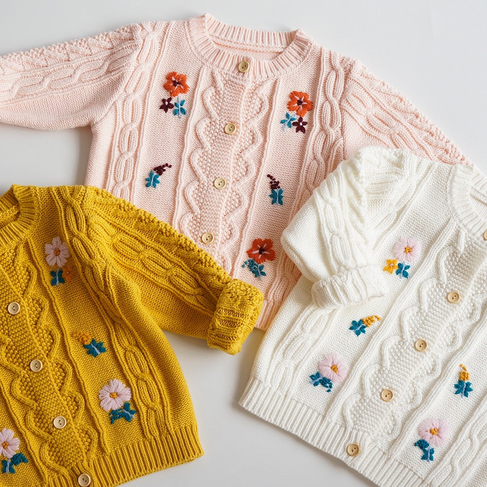 Children's Knitted Cardigan with Little Flowers