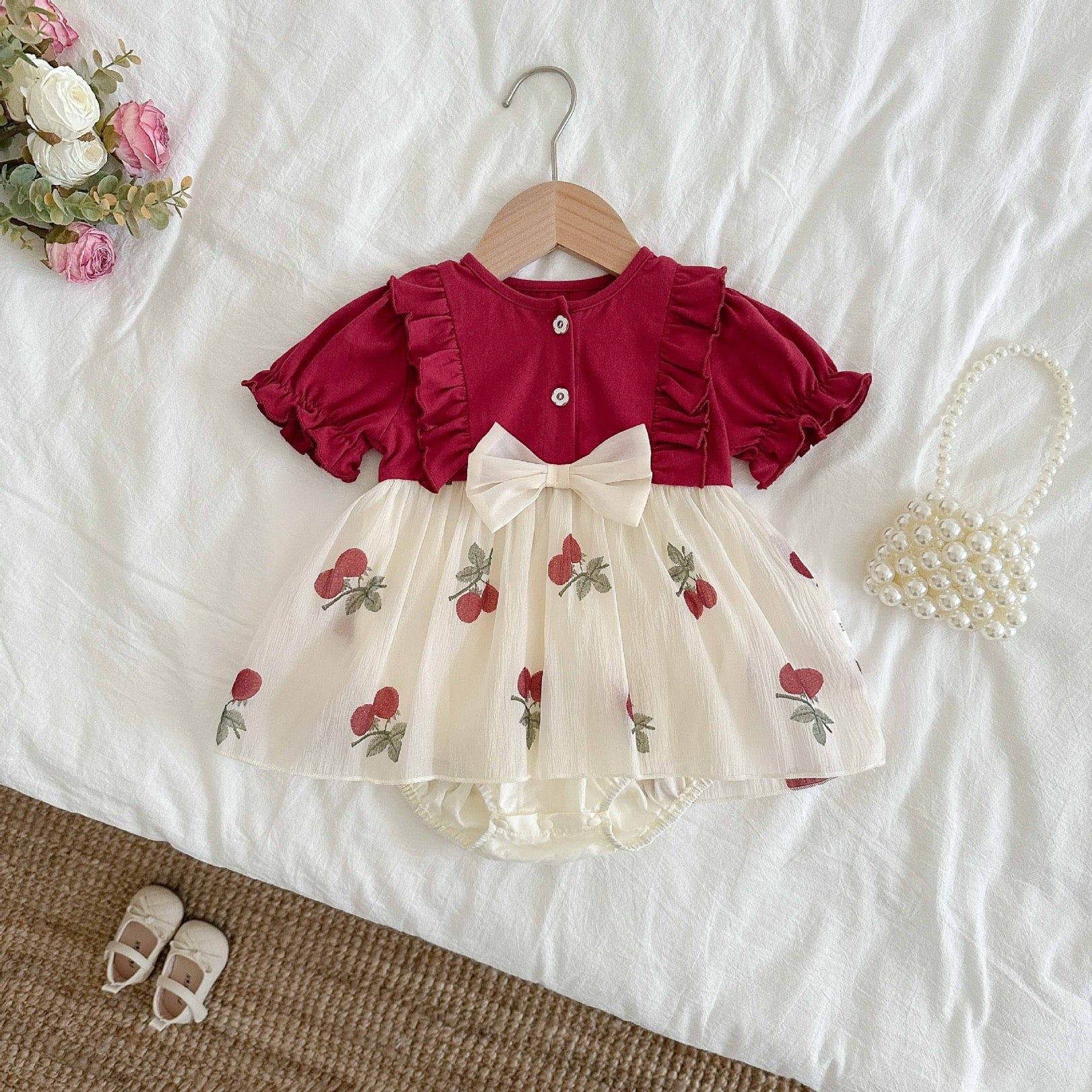 Vestidos de Bebé Cereza Trajes Manga Volante Ropa Recién Nacida