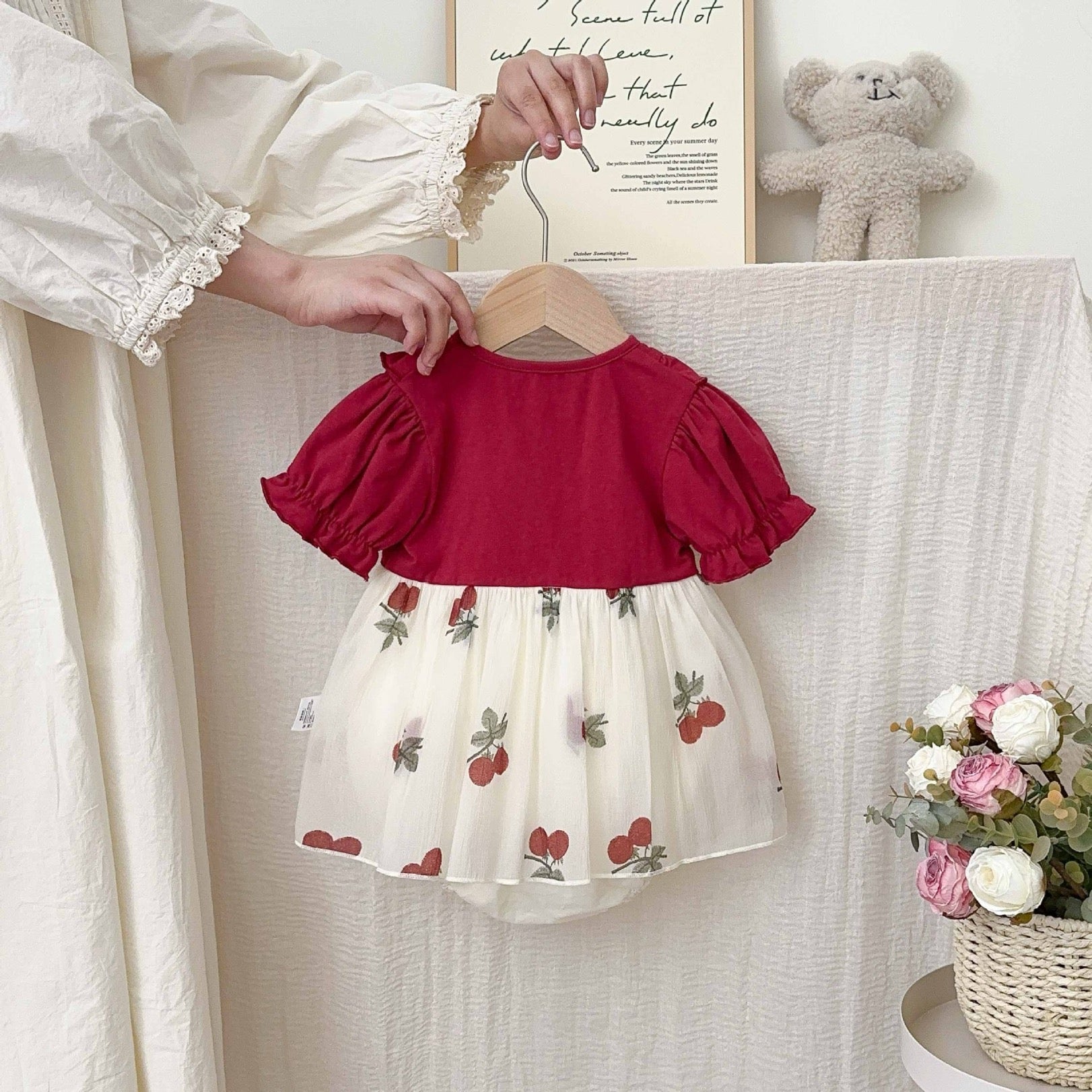 Vestidos de Bebé Cereza Trajes Manga Volante Ropa Recién Nacida