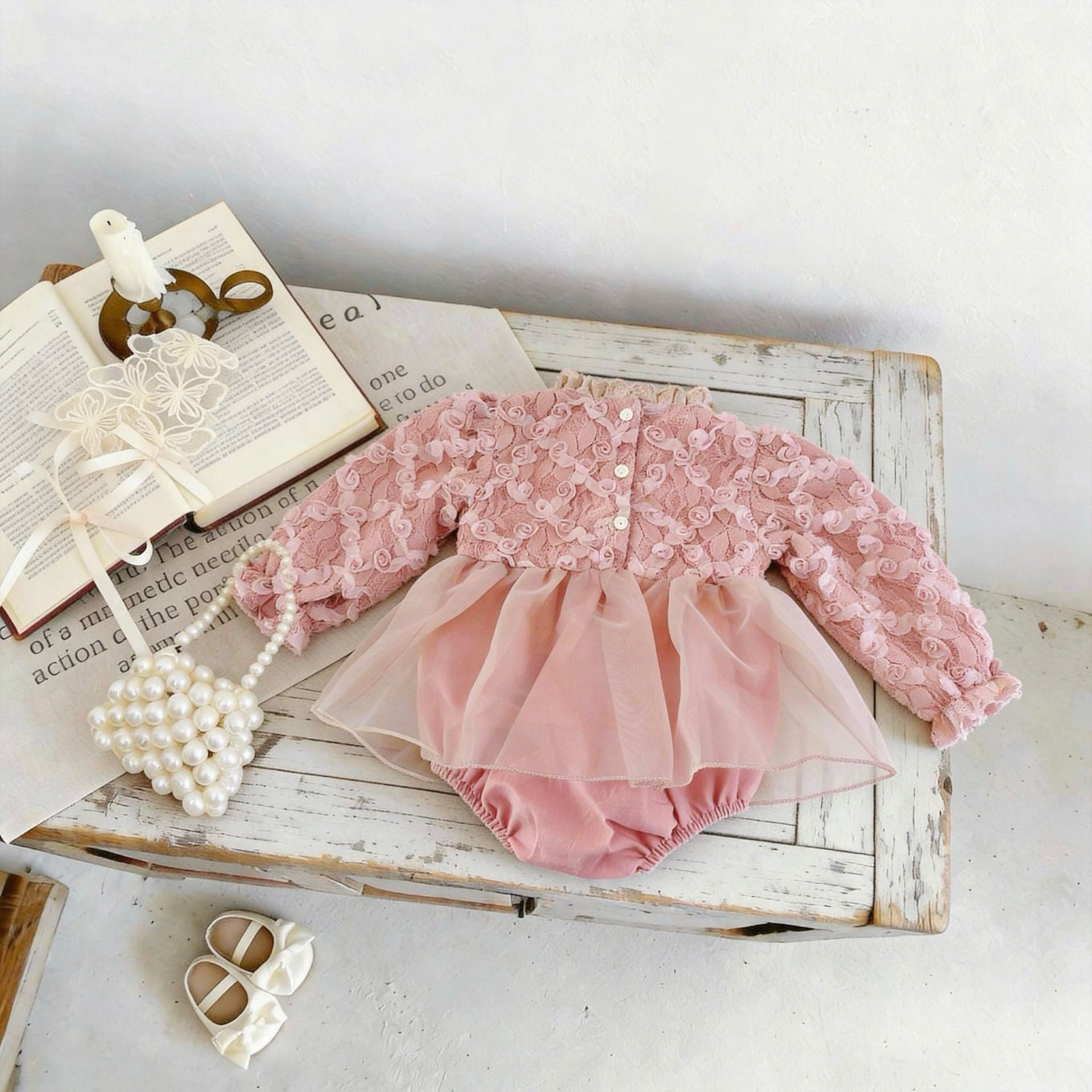 Long Sleeved Waffle Cotton Lace Splicing Baby Bodysuits Dress