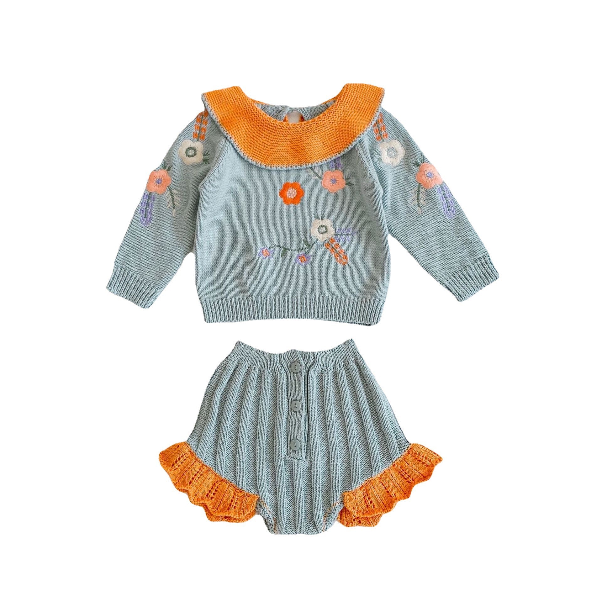 Toddler Baby Girls Embroidered Ruffle Collar Knitted Top & PP Shorts Set