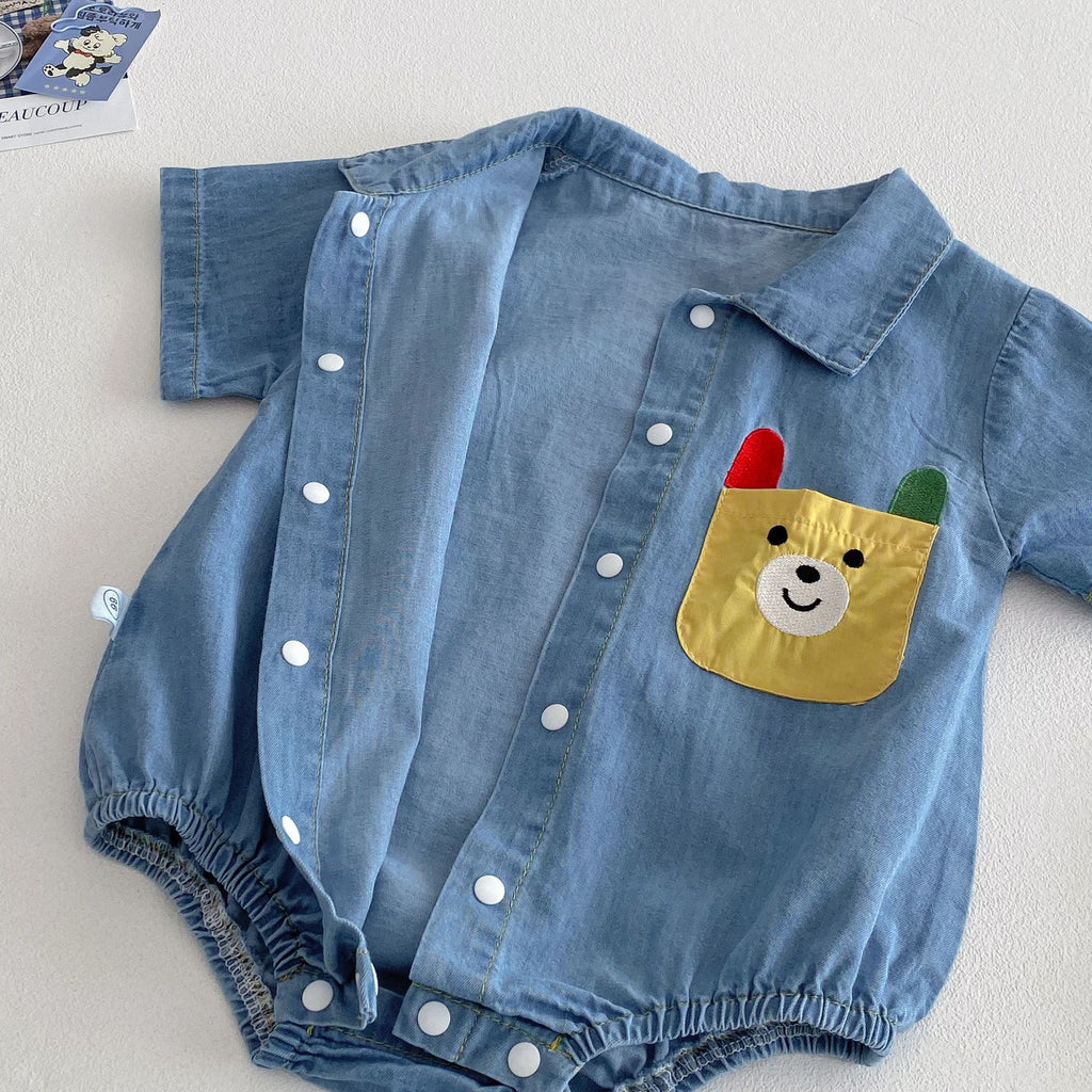 Baby Bodysuit with Teddy Bear Print, Denim