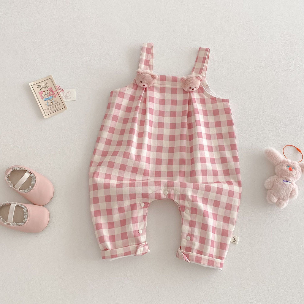 Baby Girl Plaid Bear Overall & Tee Set