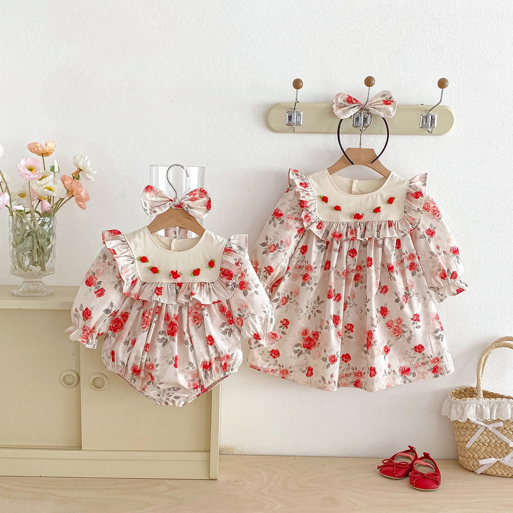 Vestiti da principessa in cotone a maniche lunghe per bambine Tuta da neonata vestito abbinato per sorelle