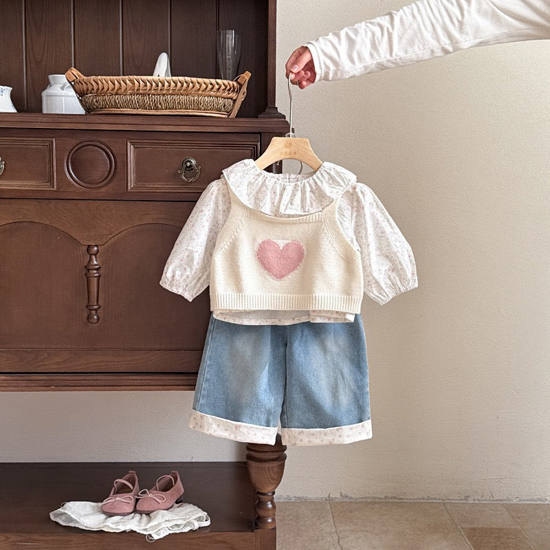 Girls' 3PCS Spring Set Lace Floral Blouse, Sweater Vest & Jeans