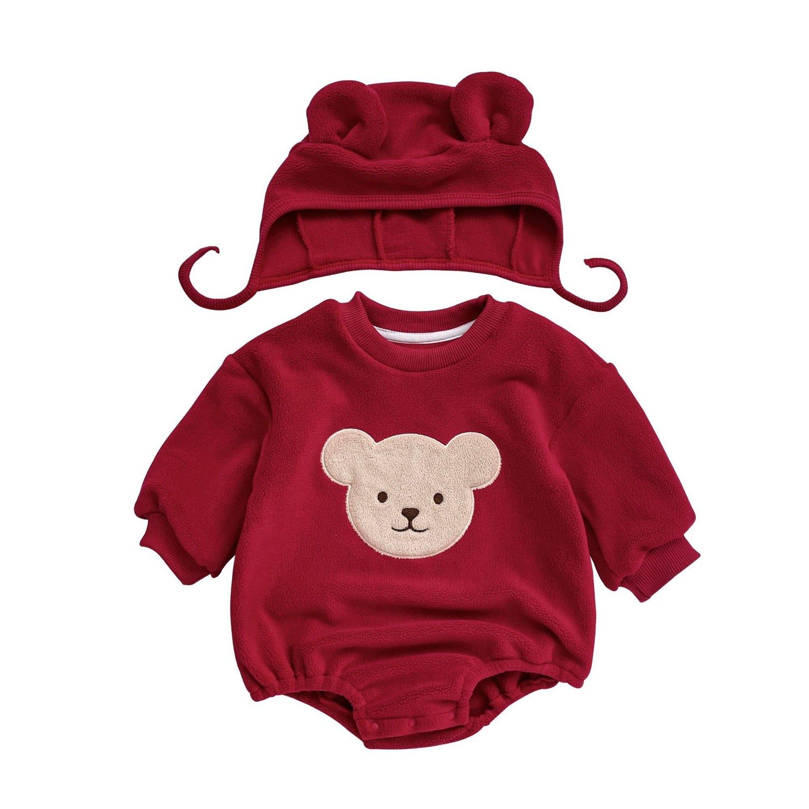 Bear Fleece Romper Cute Infant Bodysuit with Cap