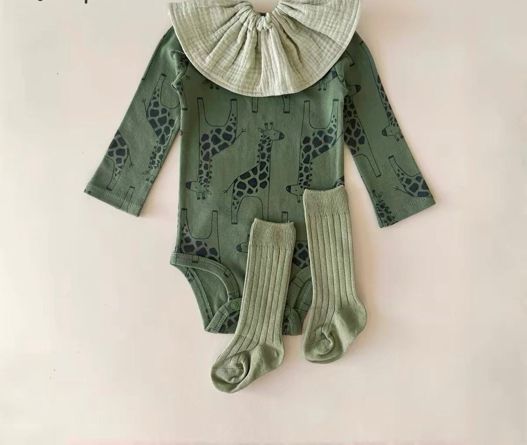 Baby Bodysuit, Green with Giraffes