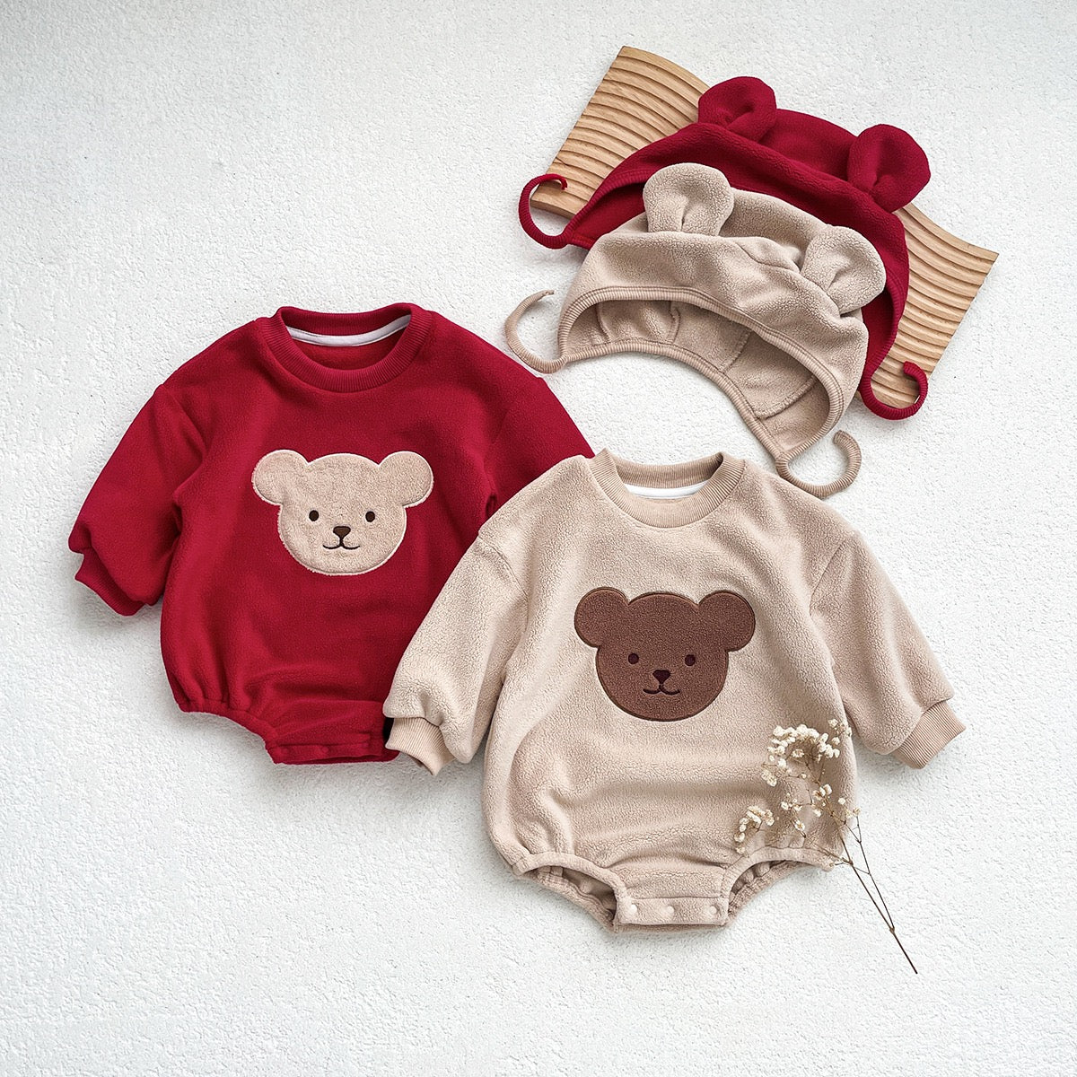 Bear Fleece Romper Cute Infant Bodysuit with Cap