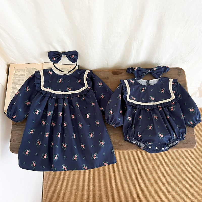 Long Sleeved Flower Print Baby Girl Romper Kids Princess Dresses