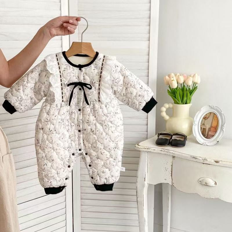 Winter Baby Warm Velvet Romper Flower Bow Jumpsuit