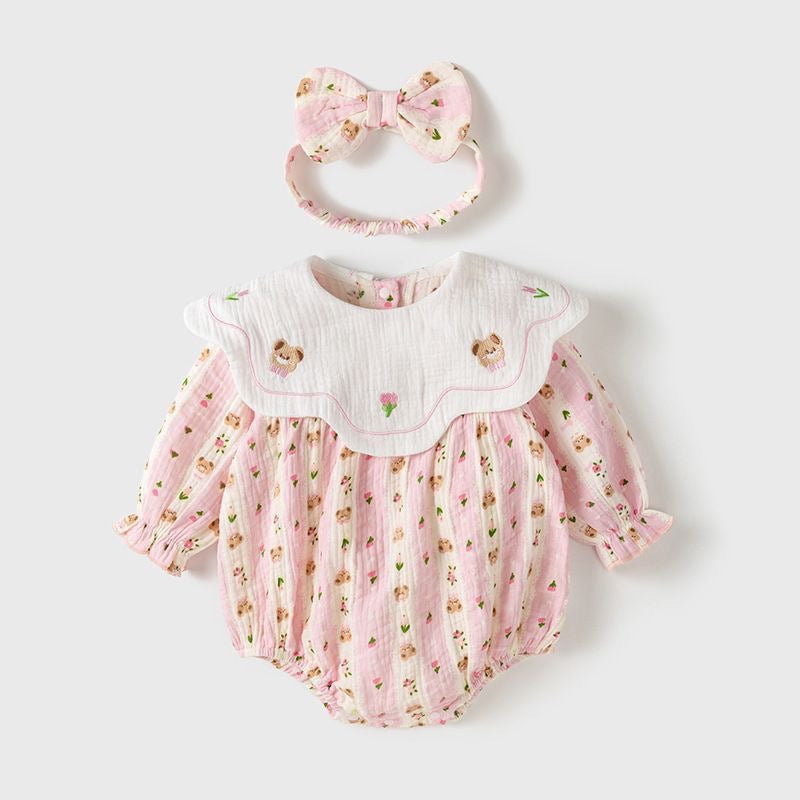 Baby Girl Bear Embroidery Ruffle Romper