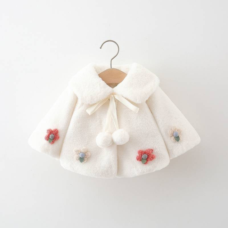 Winter Coat with Pom-Poms and Flowers