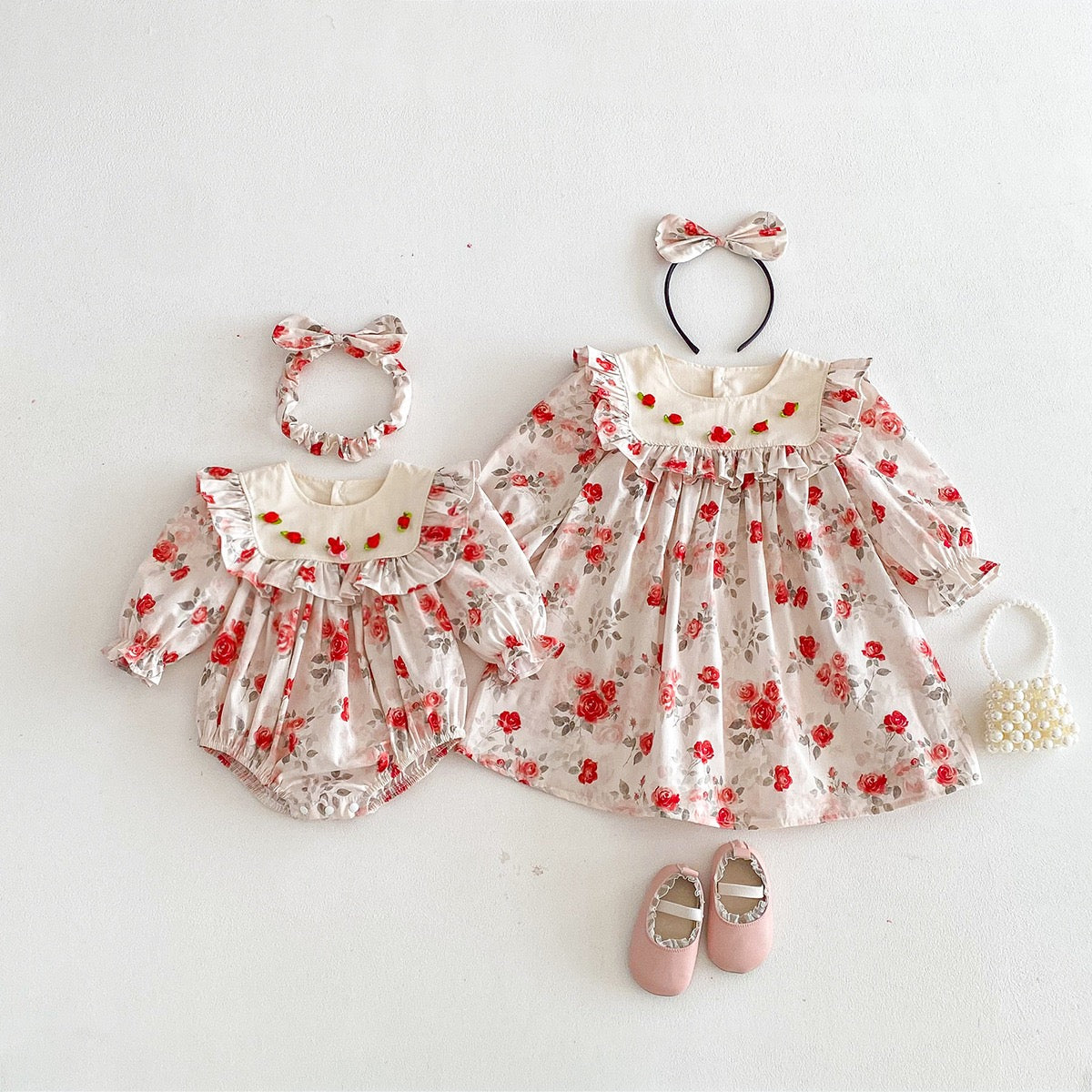 Long Sleeved Cotton Kids Princess Dresses Baby Girl Romper Sister Dress