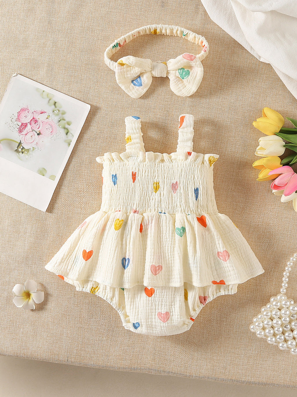 Baby Girl Sleeveless Print Romper with Hat