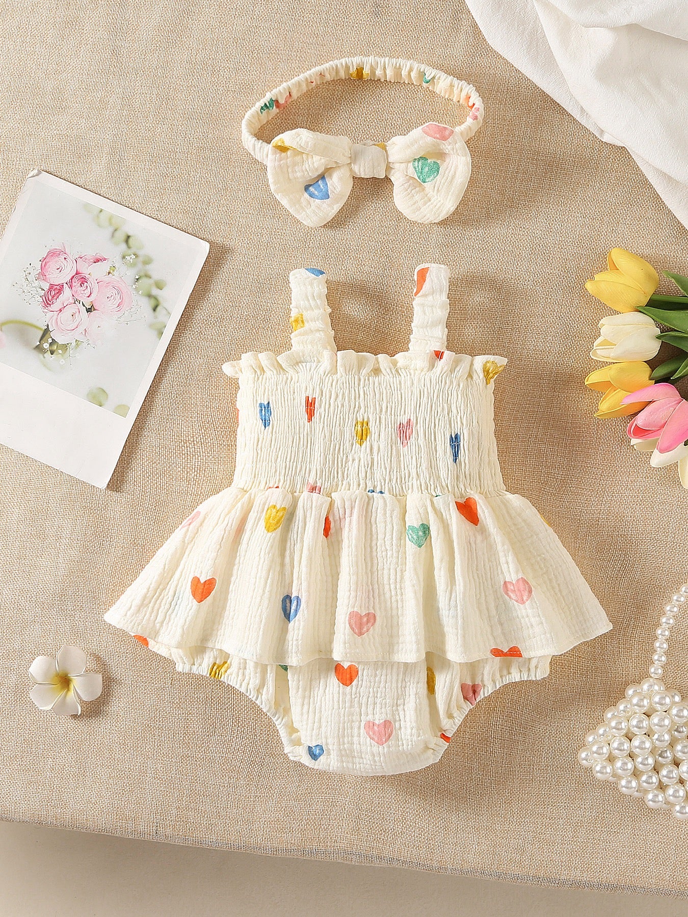 Baby Girl Sleeveless Print Romper with Hat