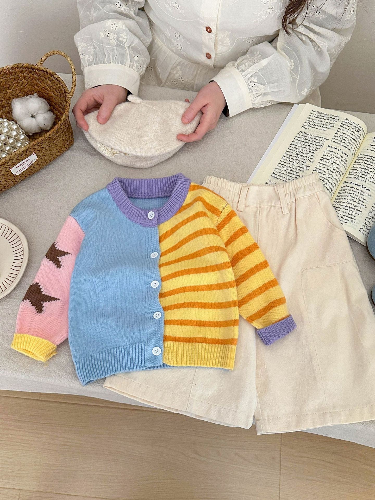 Fashionable Multicolor Striped Knitted Cardigan for Baby Girls