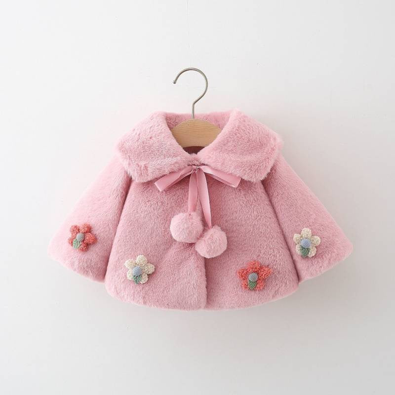 Winter Coat with Pom-Poms and Flowers