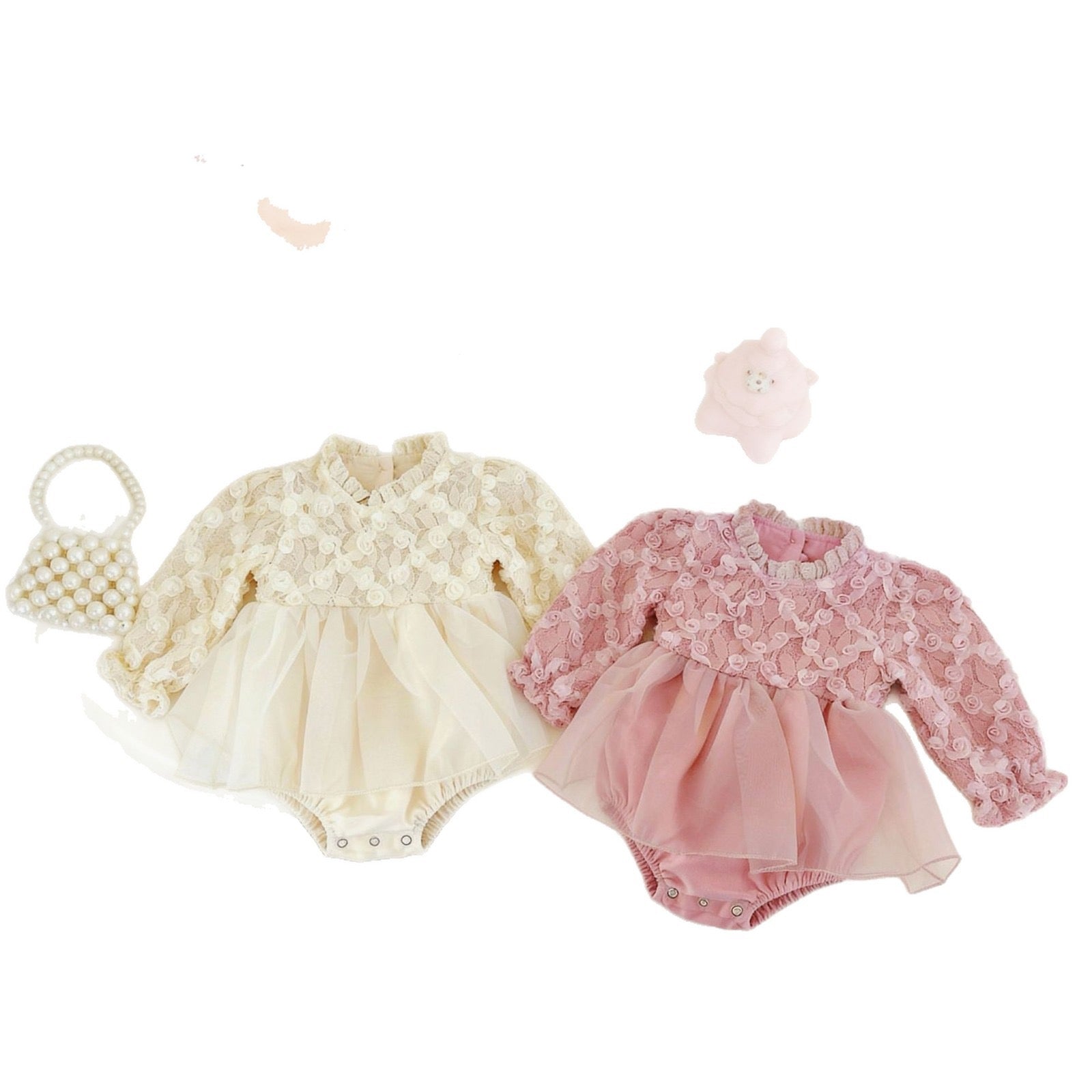 Long Sleeved Waffle Cotton Lace Splicing Baby Bodysuits Dress