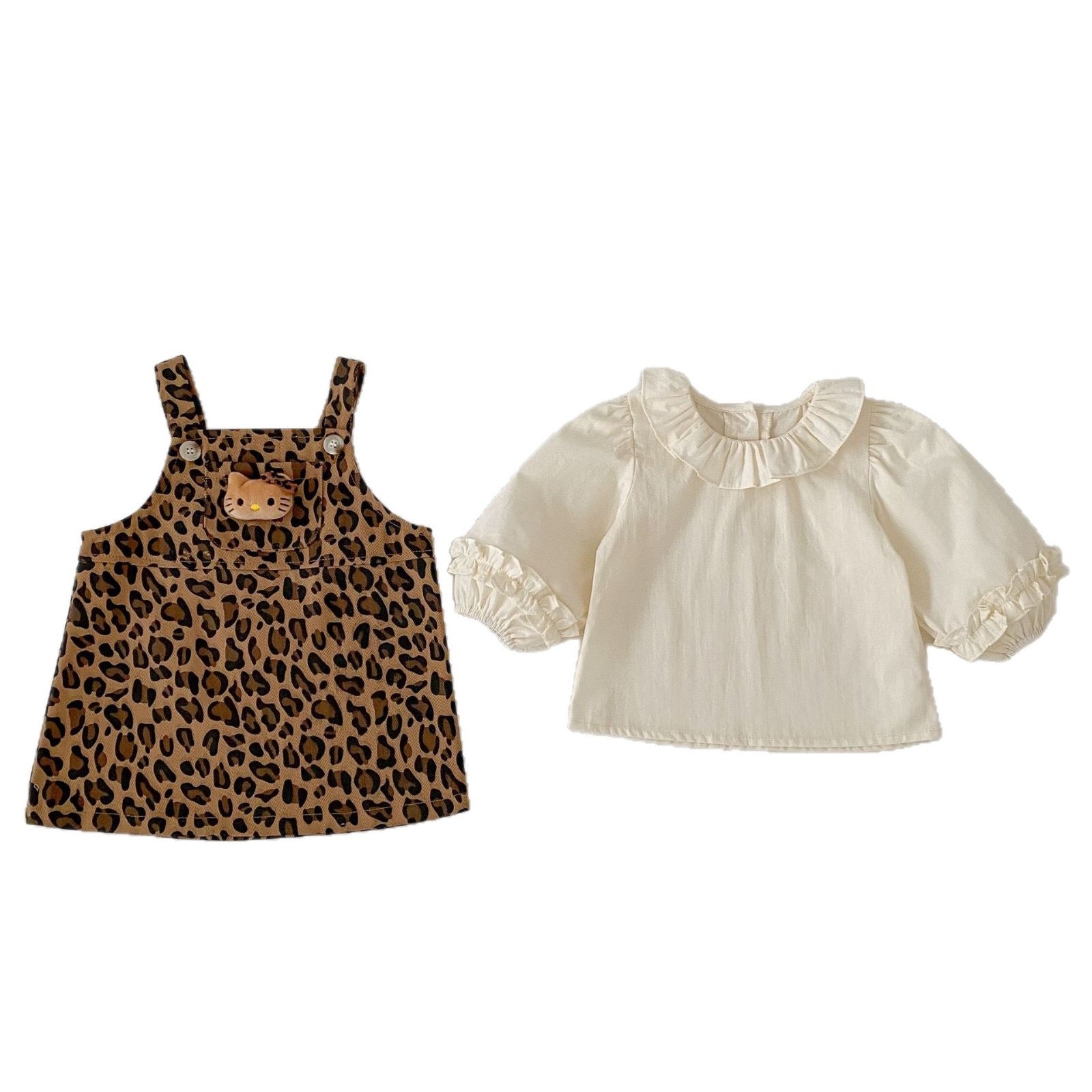 Baby Girl Bear Long Sleeve Dress with Versatile Lace Collar Shirt