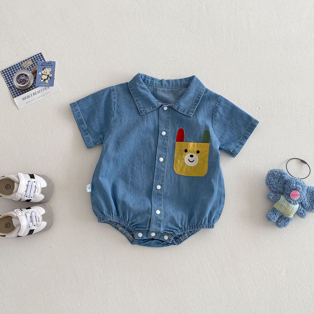 Baby Bodysuit with Teddy Bear Print, Denim