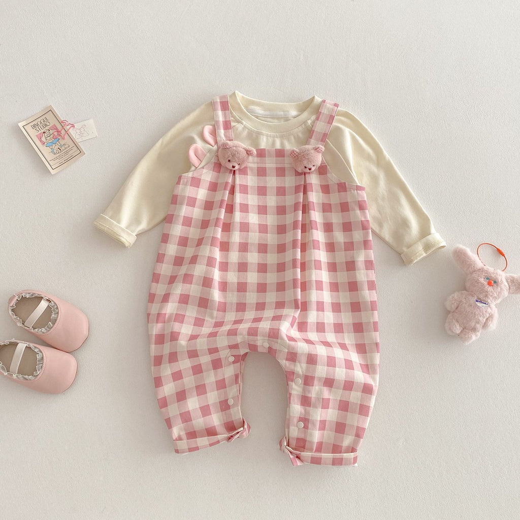 Baby Girl Plaid Bear Overall & Tee Set