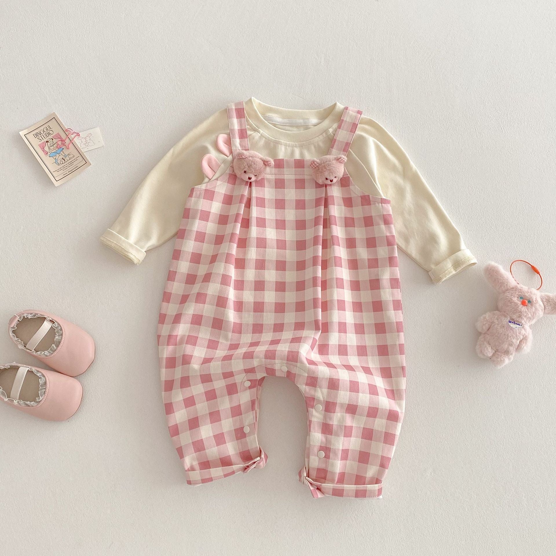 Baby Girl Plaid Bear Overall & Tee Set