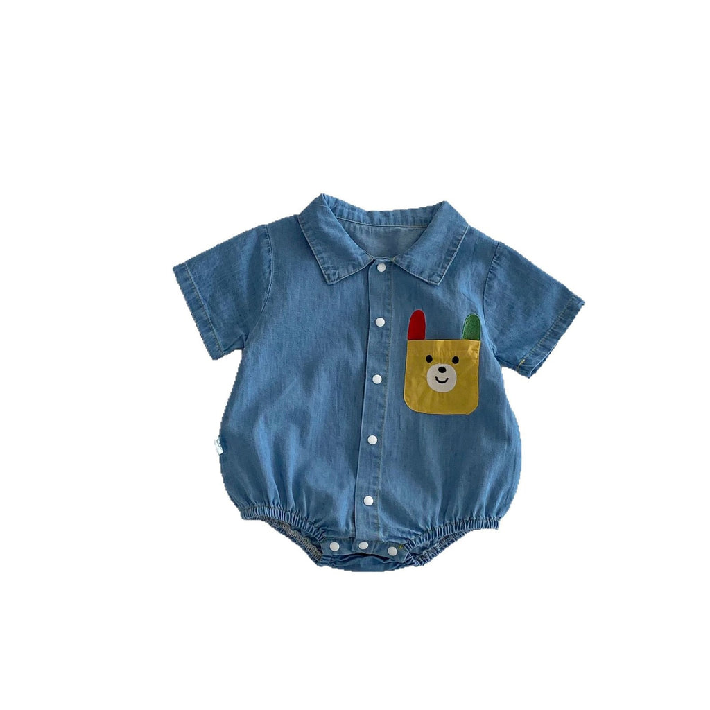 Baby Bodysuit with Teddy Bear Print, Denim