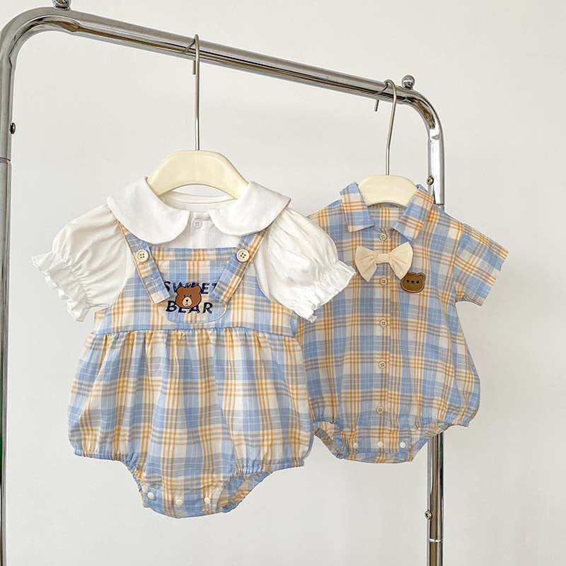 Baby Bodysuit with Teddy Bear Checkered Print