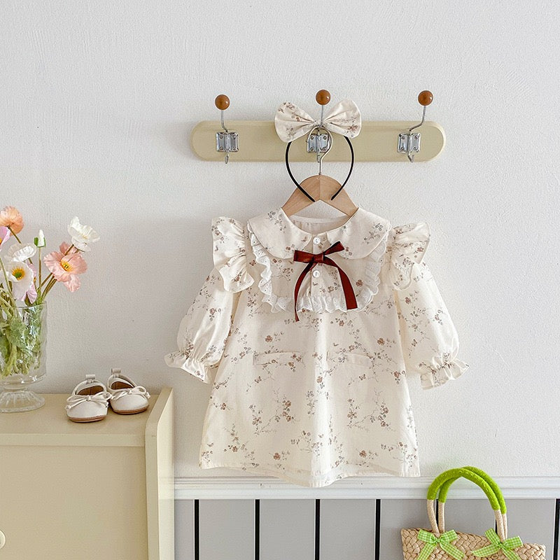 Ruffle Lace Bodysuit Bow Long Sleeve Floral Dress