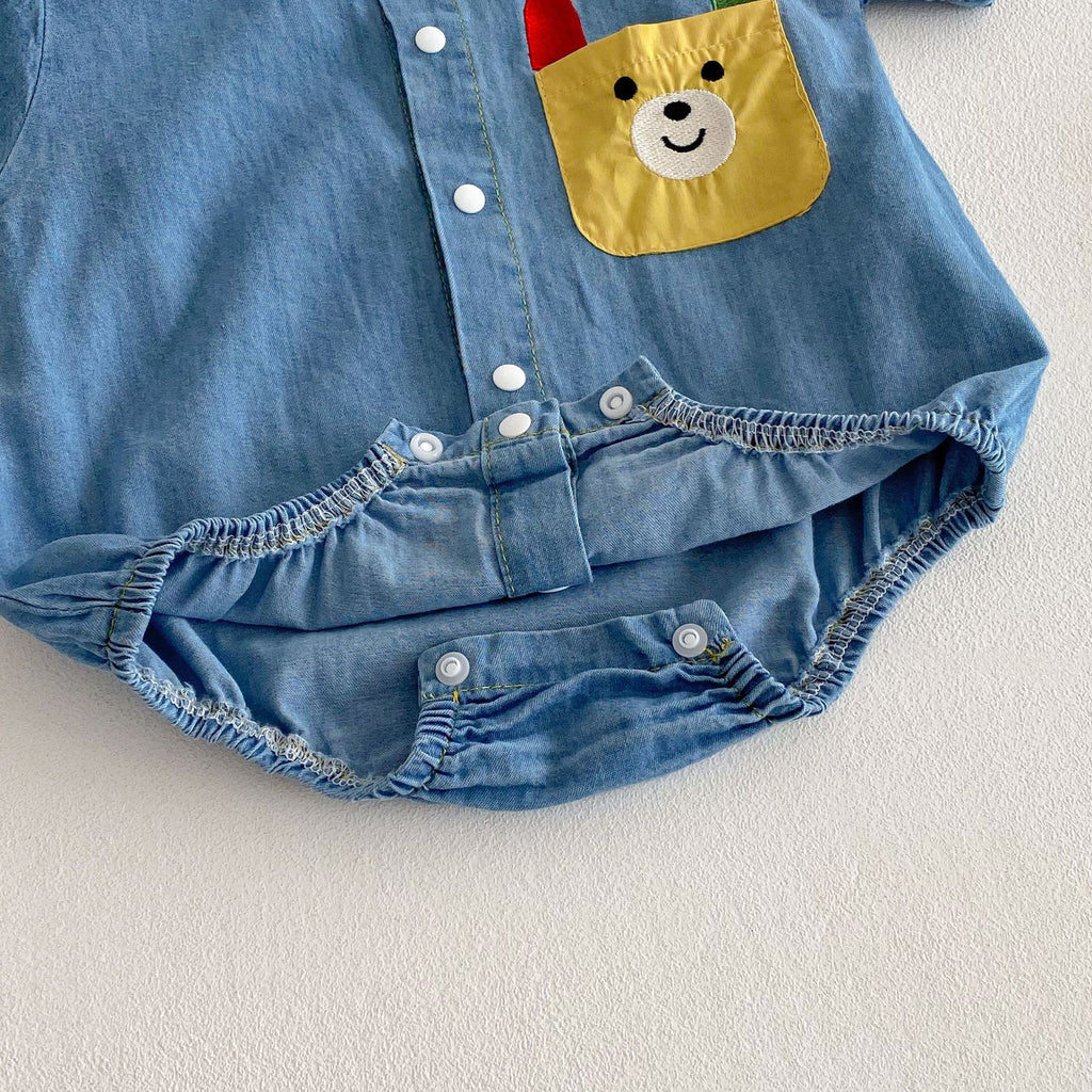 Baby Bodysuit with Teddy Bear Print, Denim